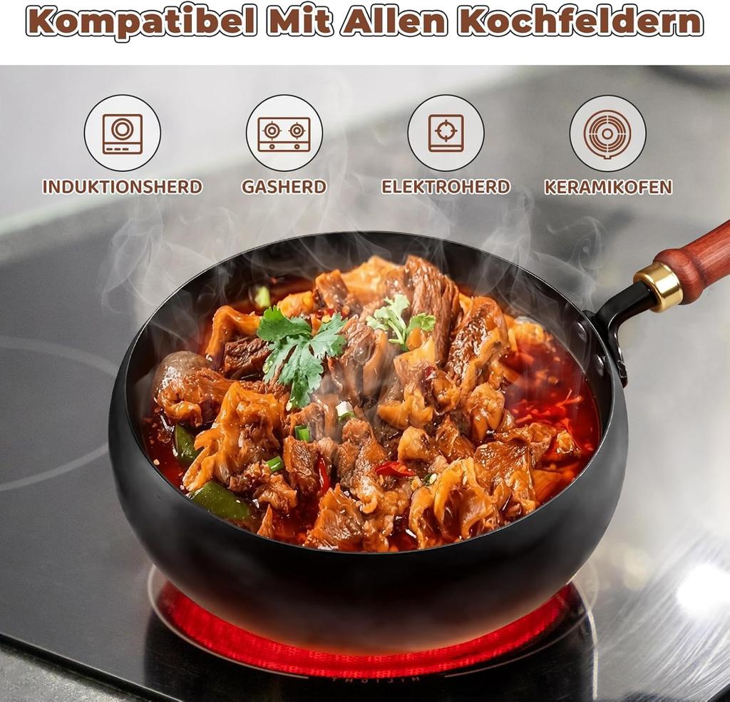 Wok antiaderent, 24 cm Wokuri și tigăi, Tigaie forjată manual, Bază plată, Tigaie wok pentru plite cu inducție, electrice și pe gaz