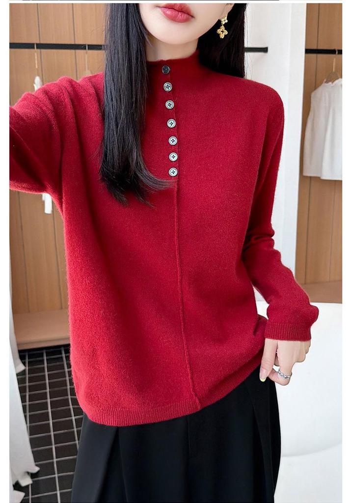 2026 Women's Pure Wool Half-High Neck Button-Up Knit Sweater
