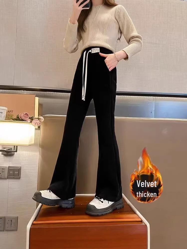 Girls' Black Plus Velvet Straight-Leg Sweatpants - New Autumn/Winter 2025 for Junior High Students