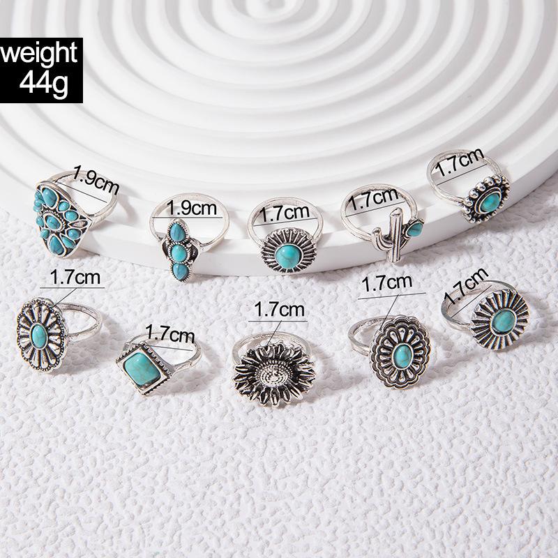 European and American Retro Style Imitation Turquoise Ring Design Sense Flower Leaf Eagle Geometric Joint Ring Set for Women