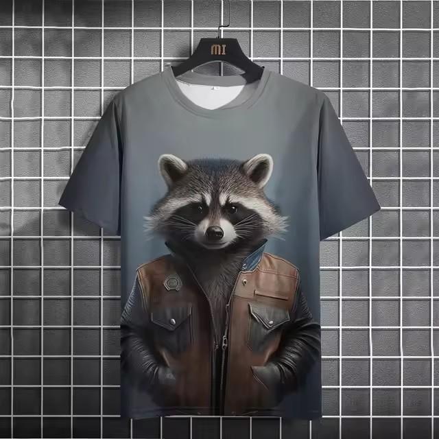 Fun 3D Printed Summer Men's T-shirt Animal Raccoon T-shirt Casual Short Sleeved Oversized T-shirt