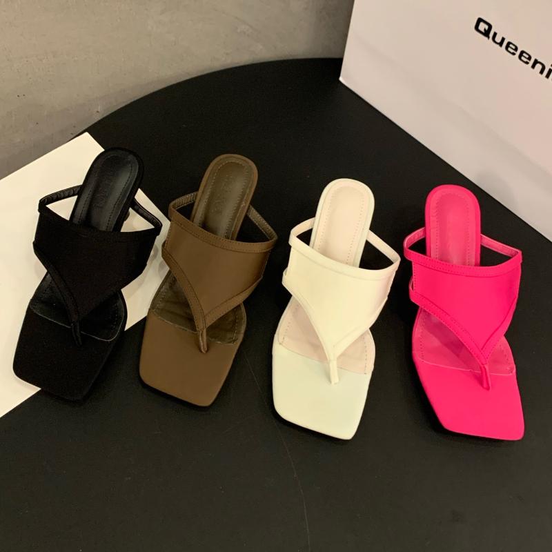 Fashion Sexy Women Heeled Slippers Clip Toe Mid Heels Sandals Woman Shoes Summer Fad Stilettos Slides 2025 New Trend Elegant Flip Flops