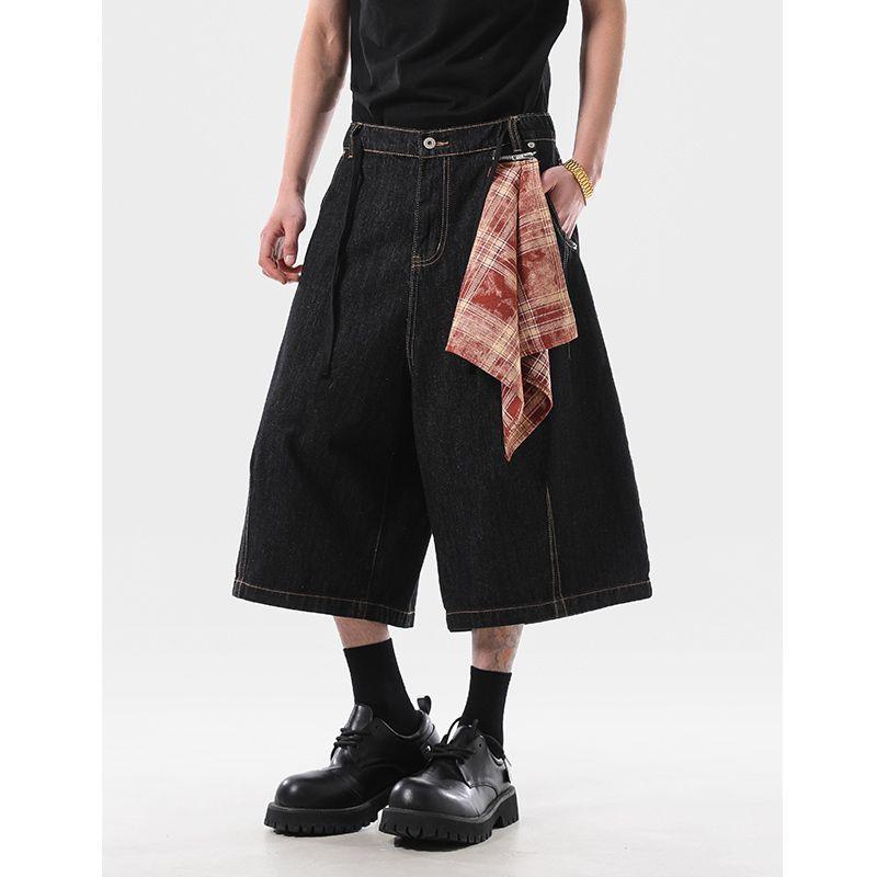 

Acrardic Summer 2025 Square Scarf Design Seven-Point Denim Shorts for Men, Vibe American Style Relaxed Wide-Leg Mid-Length Pants Black XL