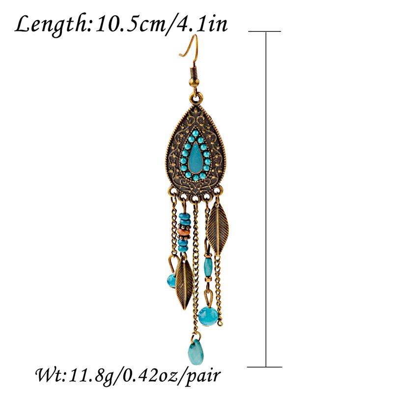 TopHanqi Womens Bohemia Ethnic Bronze Water Drop Earring Multicolor Stone Metal Leaf Pendant Long Tassel Earrings Indian Zircon