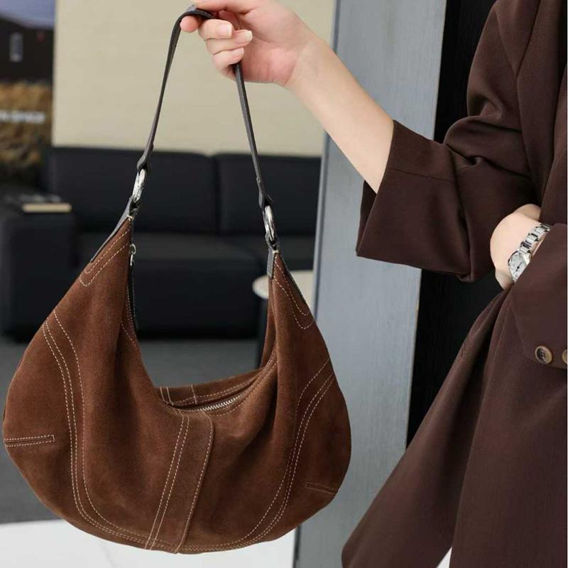 Luxury Women Suede Leather Hobo Shoulder Bag Vintage Half Moon Handbag Cross Body Daily Casual Underarm Purse Genuine Cowhide