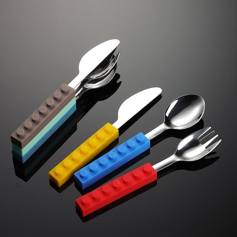 304 Stainless Steel Building Block Knife Fork Spoon Silicone Handle Children Western Food Maternal and Infant Feeding Tableware Toys