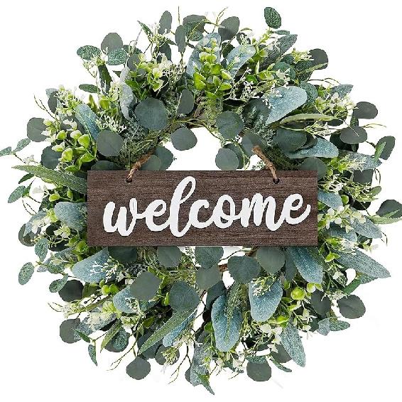 Dremisland Green Eucalyptus Wreath with Welcome Sign 22in Spring Summer Artificial Eucalyptus Wreath for Front Door Polytype Leaves Wreath for Wall