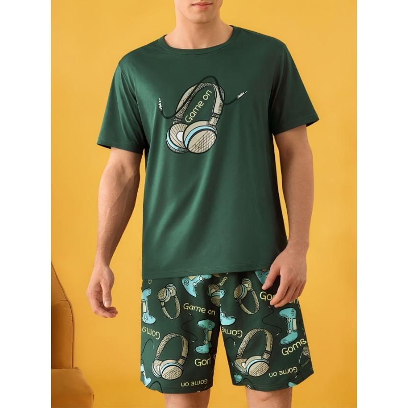 

Men s Cute Headphone Print Short Sleeve Shorts Set S