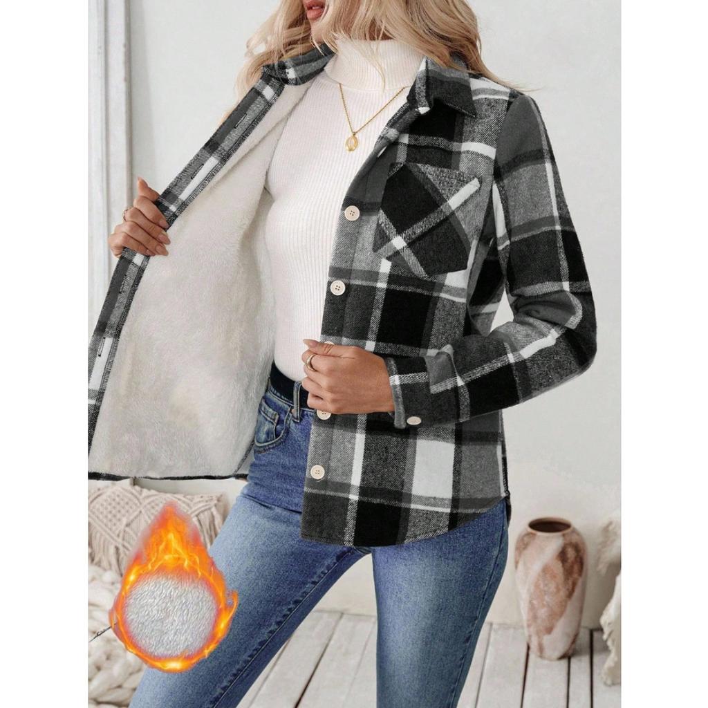 Ladies', Plush, Warm Shirt, Button Up, Lapel, Pocket, Plaid Top, Casual Shirt