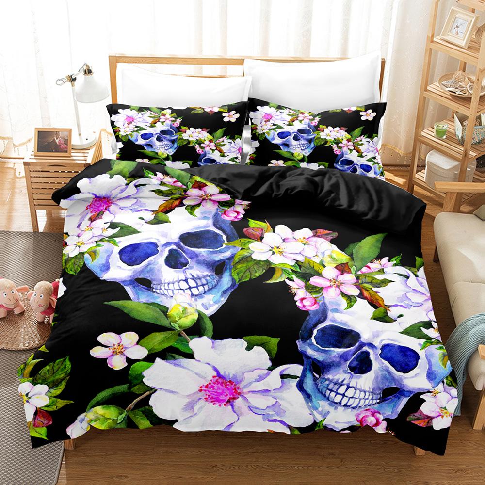 Beauty Skull Comforter Bedding Sets Made In China Western Style Duvet Cover Set Halloween Quilt Bedding Woman Rose Skulls 2/3pc