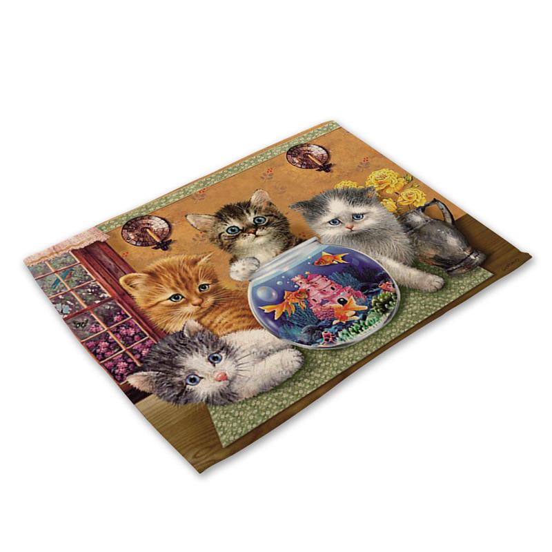 45X30cm Cute Cat Flower Pattern Placemat Dining Table Mats Cotton Linen Drink Coaster Western Pad Cup Mat For Home Decor Gifts