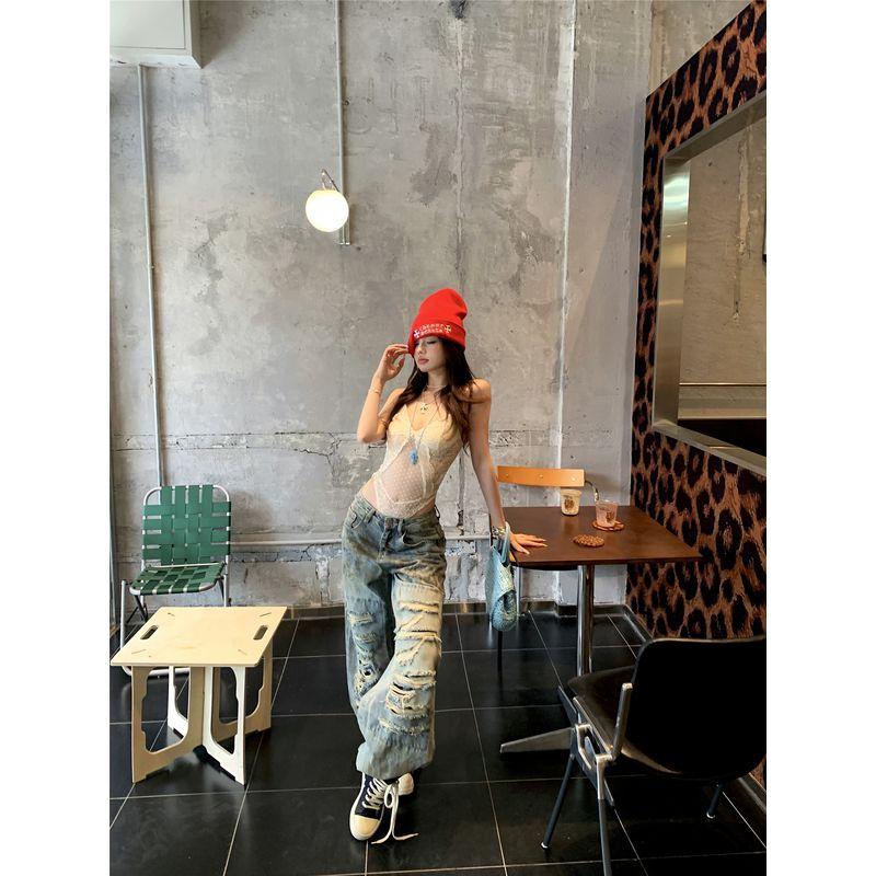 Kumikumi Sexy Set Gyaru Style One-Piece Cami Women Summer Retro Low Waist Jeans Two-piece Set