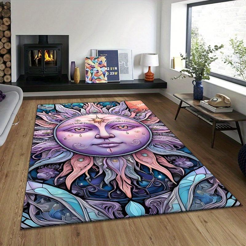 Mysterious Sun Design Area Rug, Crystal Velvet Polyester Carpet for Living Room, Bedroom, Non-Slip Home Decor Floor Mat