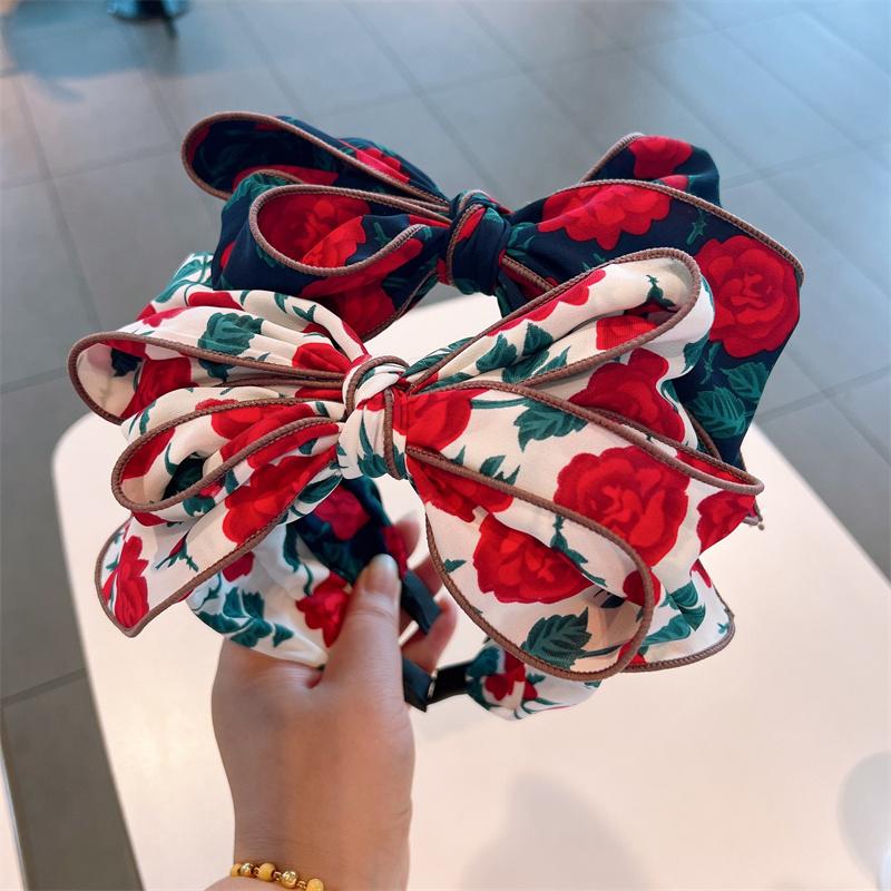 Kvinner Jenter Vakkert Roseblomst Trykk Hårbånd med Stor Sløyfe i Midten Moteabel Kvinne Fest Utendørs Hårtilbehør