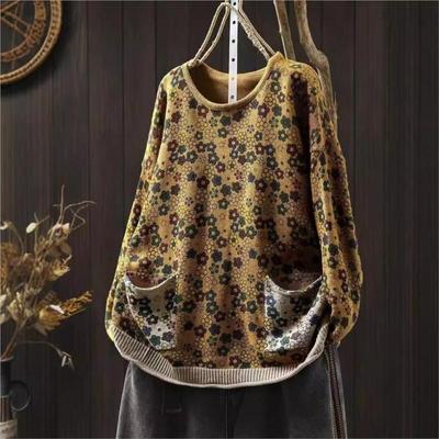 Woman Autumn Chinese Style Vintage Print O-Neck Loose Sweater Fashion Casual Long Sleeves Casual Sweater