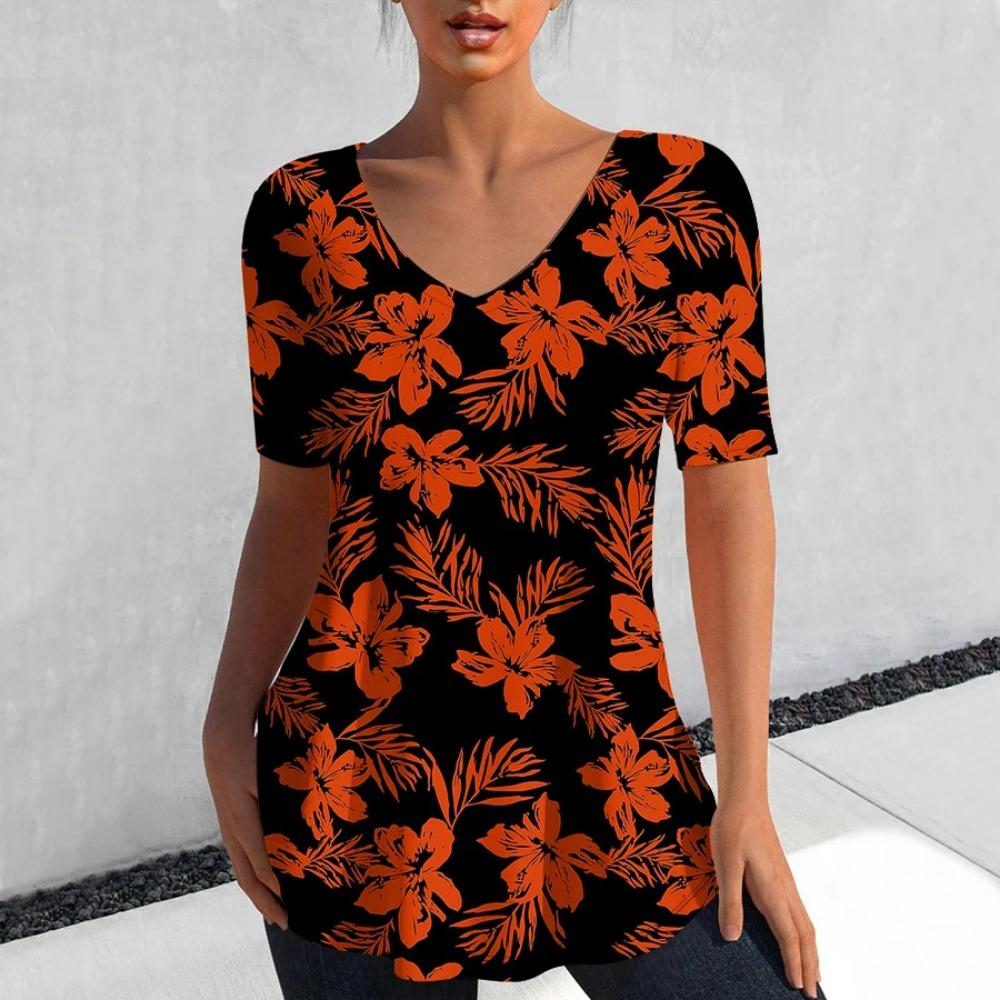 Fashion Floral Print 3D Printed Women's Casual V-neck Short Sleeved T-shirt