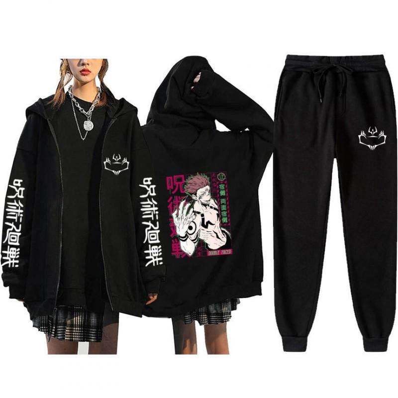 Unisex Winter Casual Sport Set With Anime Print Hooded Zip-Up Sweatshirt Jogger Pants Cotton Blend