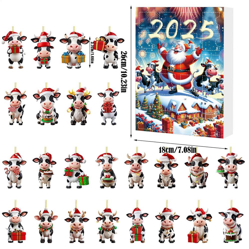 Cow Christmas Calendar 24 Days Cartoon Animal 2D Acrylic Hanging Ornaments Festive Countdown Calendar Christmas Tree Decorations