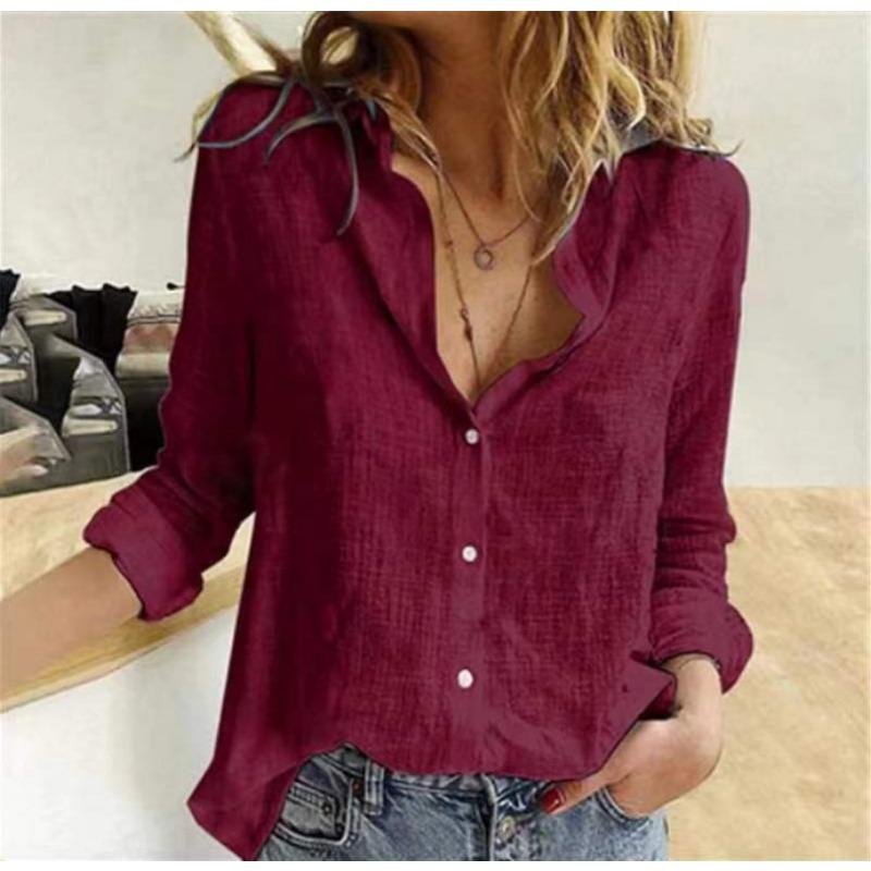 Damenmode, lässig, Frühling und Herbst, einfarbig, langärmelig, Polo-Ausschnitt, Blusen und Hemden