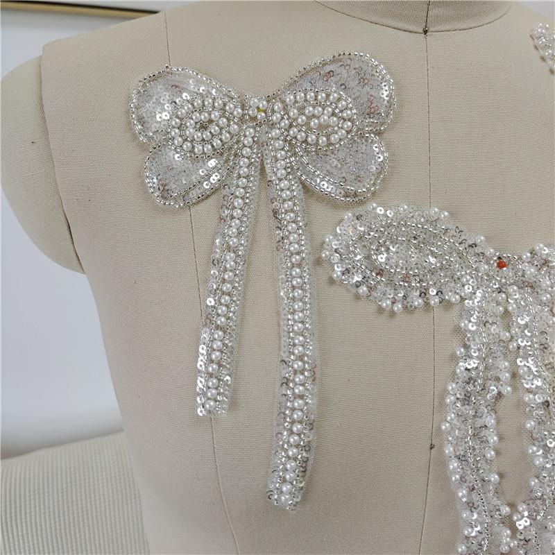 

1 шт. Аппликации из бисера, пайеток, кружева-сетки с бантом, свадебные нашивки для одежды, аксессуары