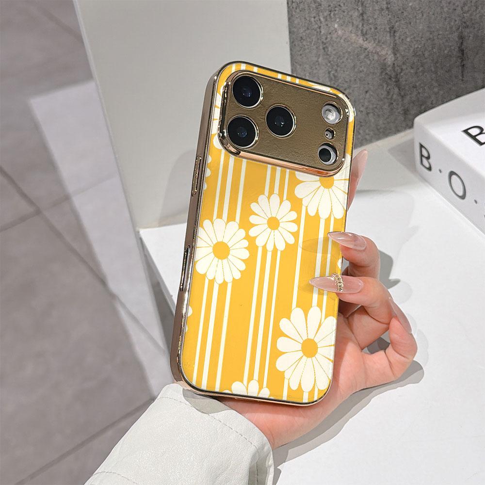 Lucky Start Phone Case For iPhone 17 16 15 14 13 12 11 Pro Max 16E Gold Electroplated glass shell Sunny Daisies Cover