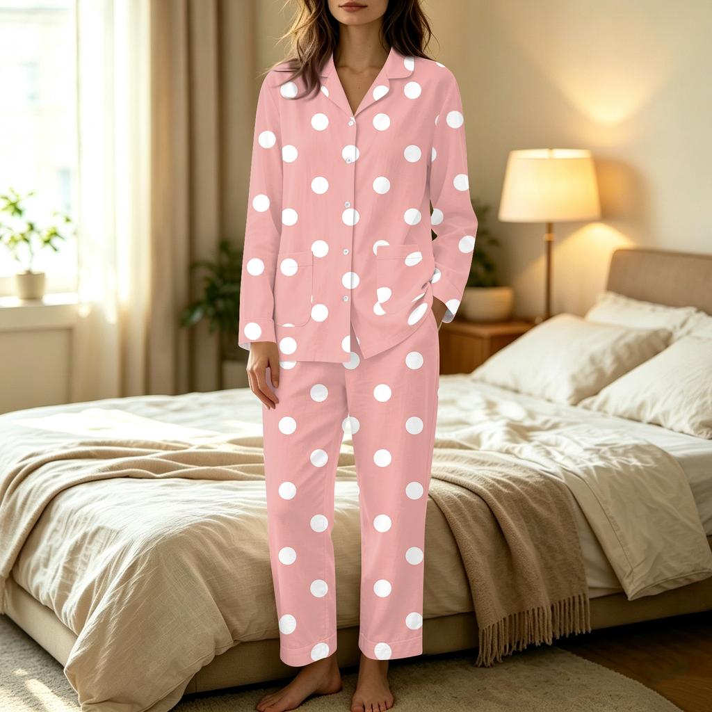 Damen Polka Dot Set Langarm-Oberteil und Lange Hose Lässiges Zweiteiler Loungewear für Zuhause Entspannen