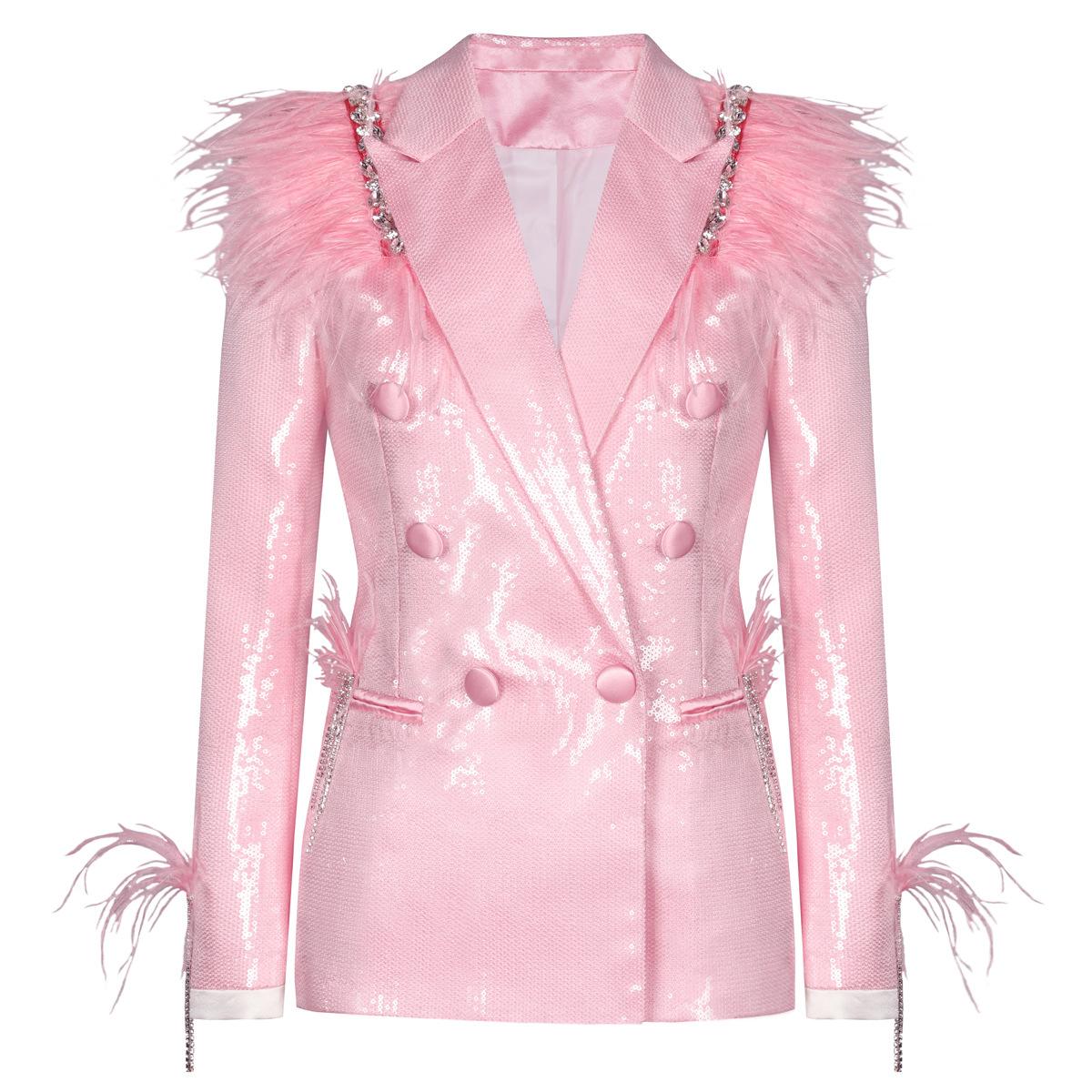 Quality Spot Spring and Autumn European and American Style Stage Pink Sequin Feather Women s Small Suit Top Jacket 24274 S розовый