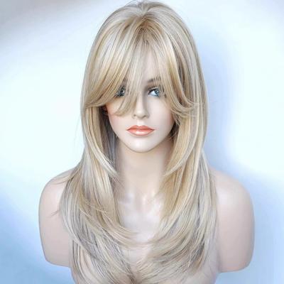 Pelucas Sintéticas Naturales Onduladas en Capas Para Mujer Ombre Marrón Rubio Negro Cabello con Flequillo Fibra Resistente al Calor