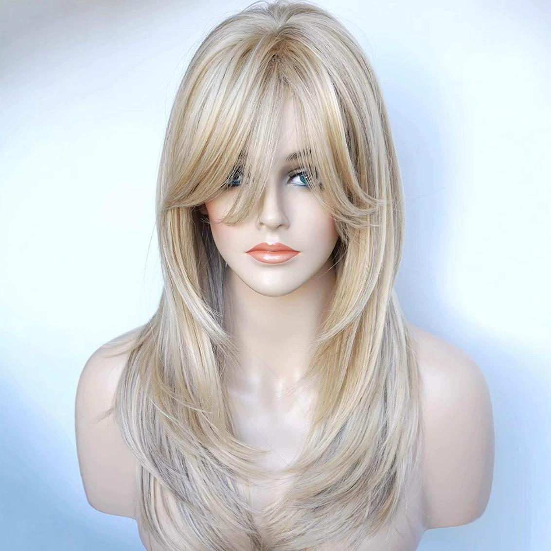 

Синтетические Натуральные Многослойные Волнистые Парики для Женщин Омбре Коричневый Блонд Черные Волосы с Челкой Термостойкое Волокно светлый