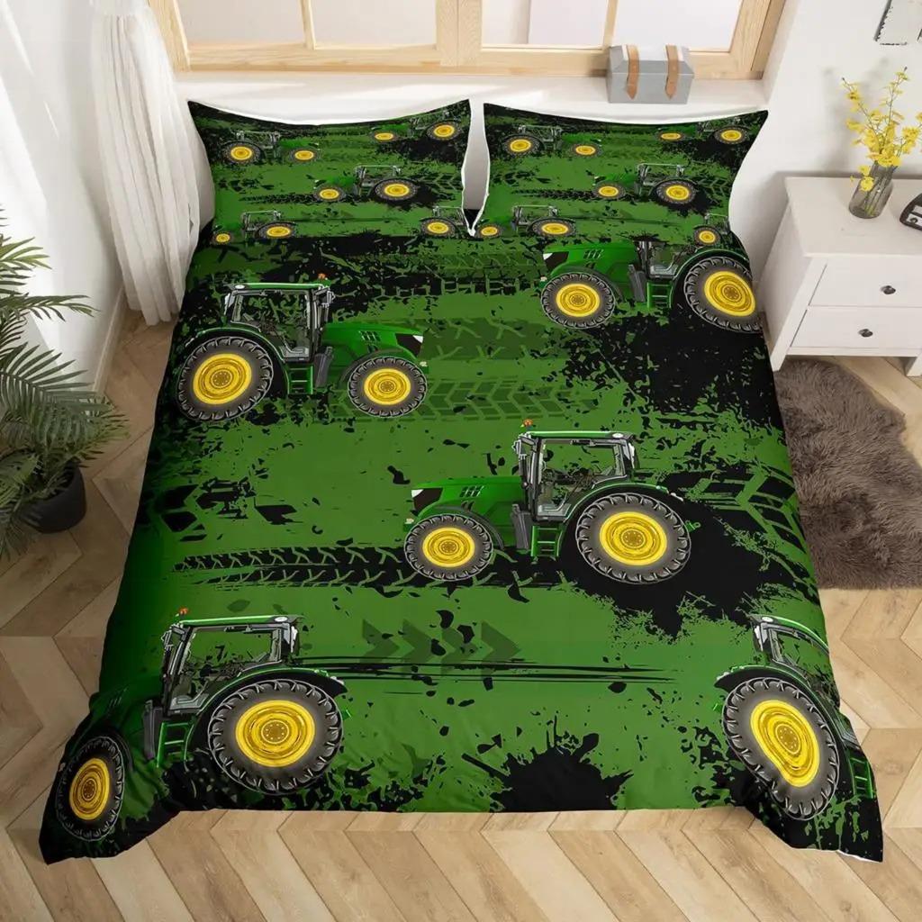 Truck Excavator Duvet Cover Set Queen Size for Kids Nursery Cartoon Tractor Engineering Vehicle Construction Theme Bedding Set