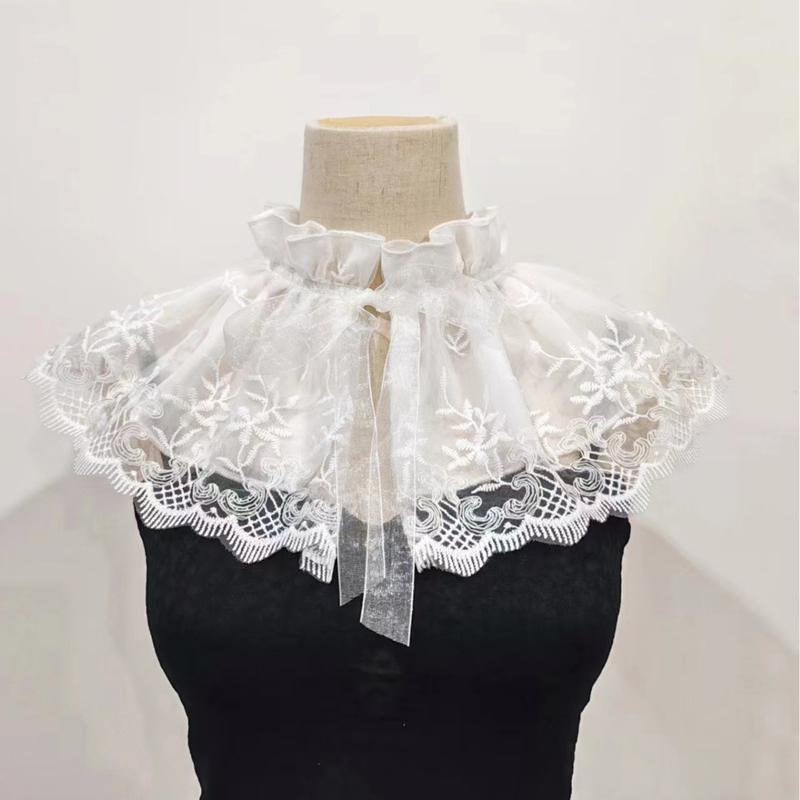 Embroidery Double Layered Lace Up Shawl Wrap Sweet Skirt Decorative Doll Collar Lapel Detachable Fake Collar Top For Women