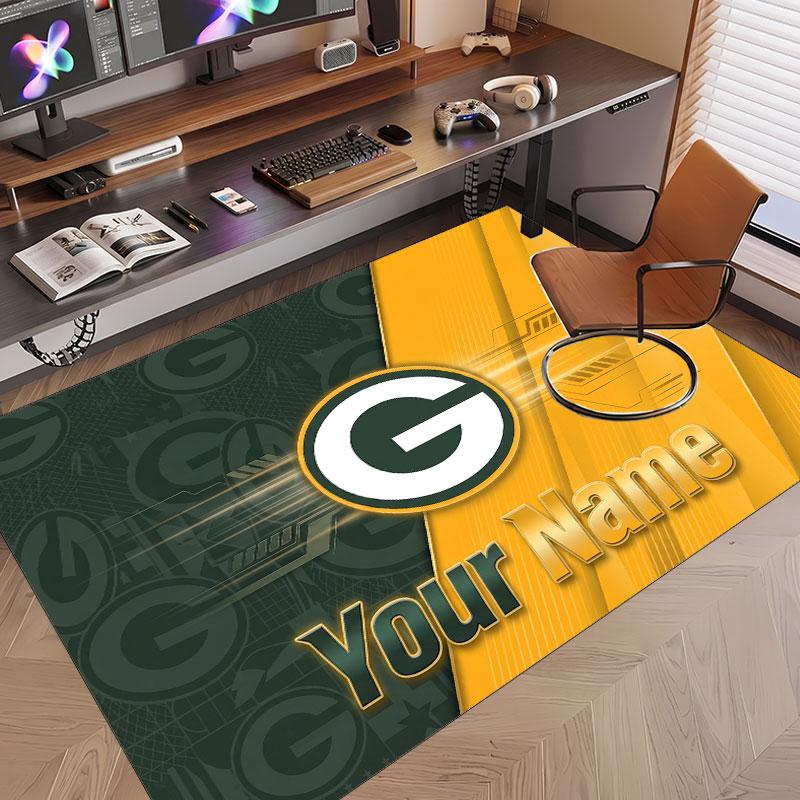 Custom Rug Green Bay Packers Pattern Print Name Text Soft Non‑Slip Floor Carpet for Home Indoor Decoration