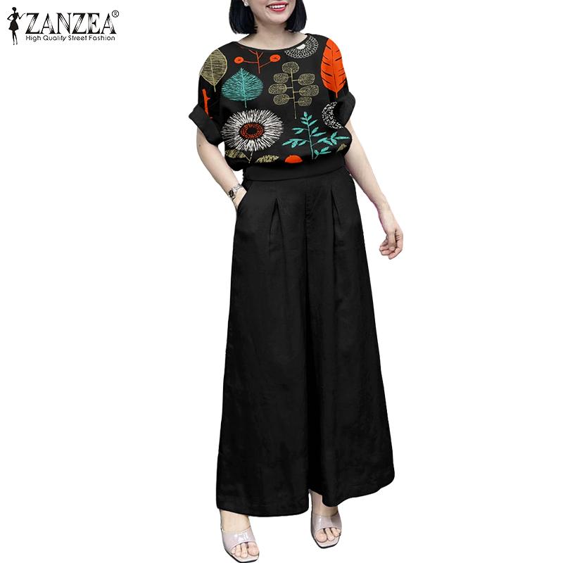 ZANZEA Women Short Sleeve Print Blouse and Wide Leg Pants Summer Two Piece Suit Sets