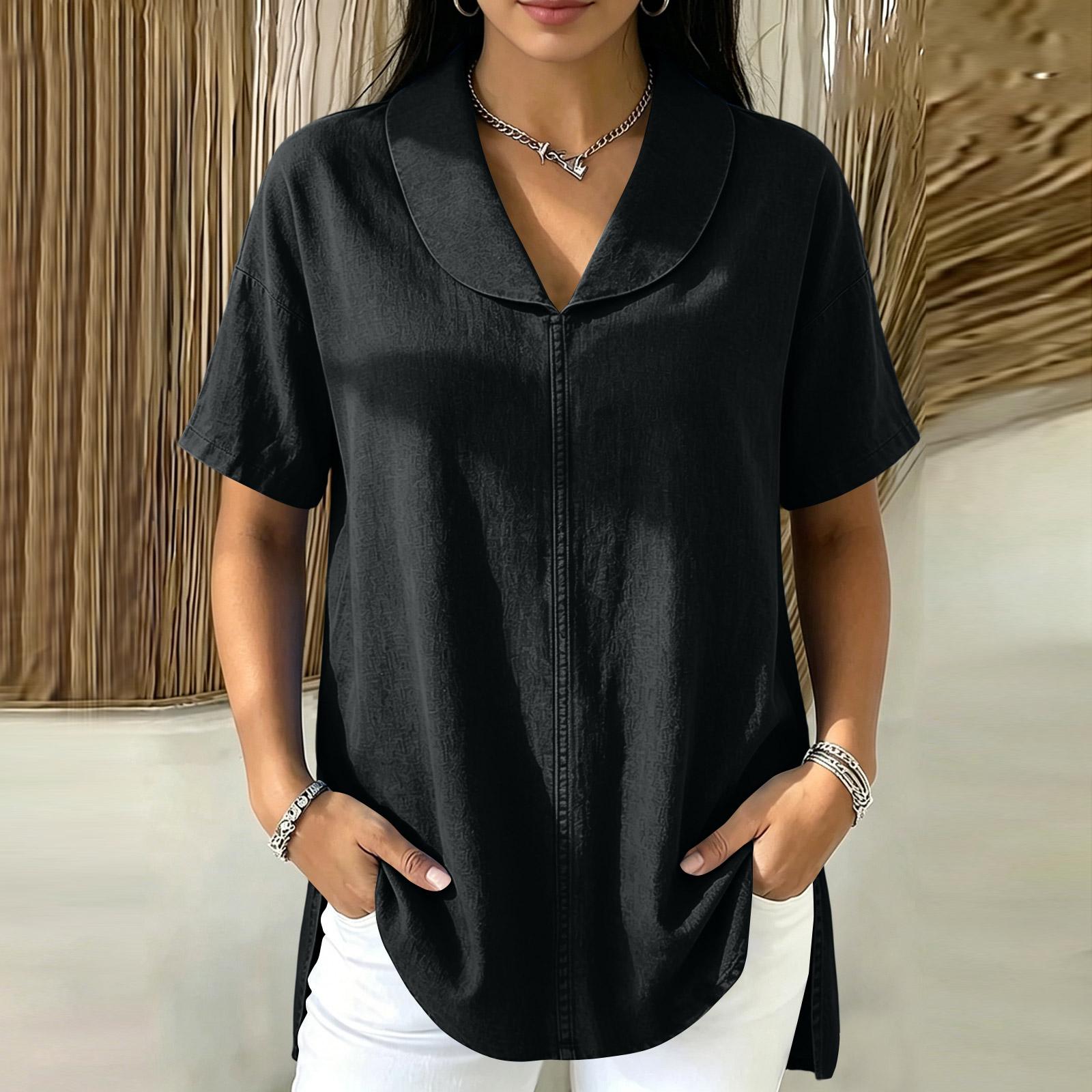 

Women Loose Fit Short Sleeve Shirt with Lapel Collar Casual Button Down Blouse for Daily Wear Office Work Top M