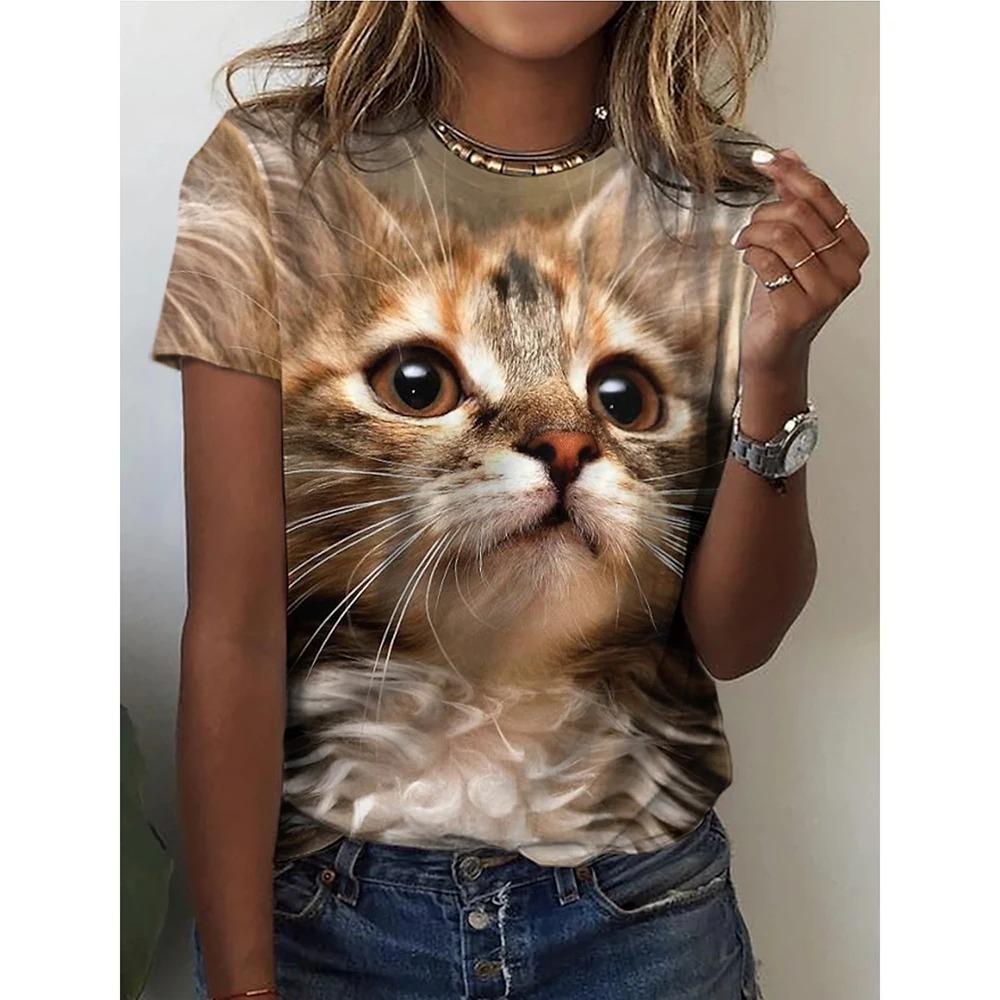 Women 3d Cute Cat Print Fashion Y2k Tops Kawaii Oversized Summer O-Neck Top