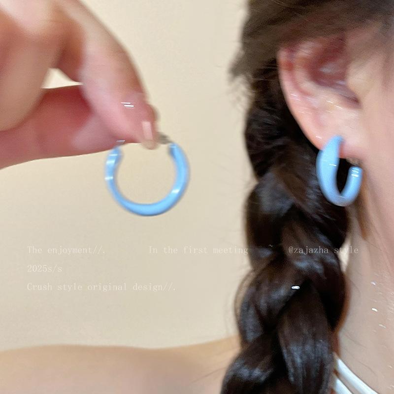 Dopamine Color Circle Earrings Women's Summer Personality Sweet Versatile Silver Needle Earrings Fashion Design Contrasting Color Earrings