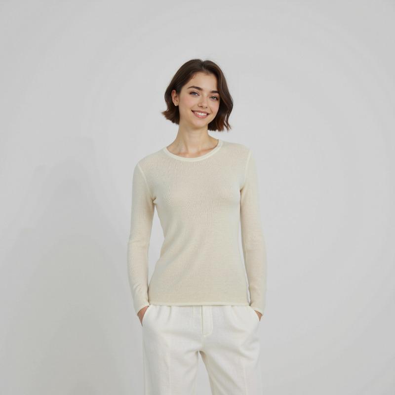 Crew Neck Long Sleeve Pullover 0 Pure Wool Knitted Sweater Female Slim and Thin Casual Versatile Sweater Thin