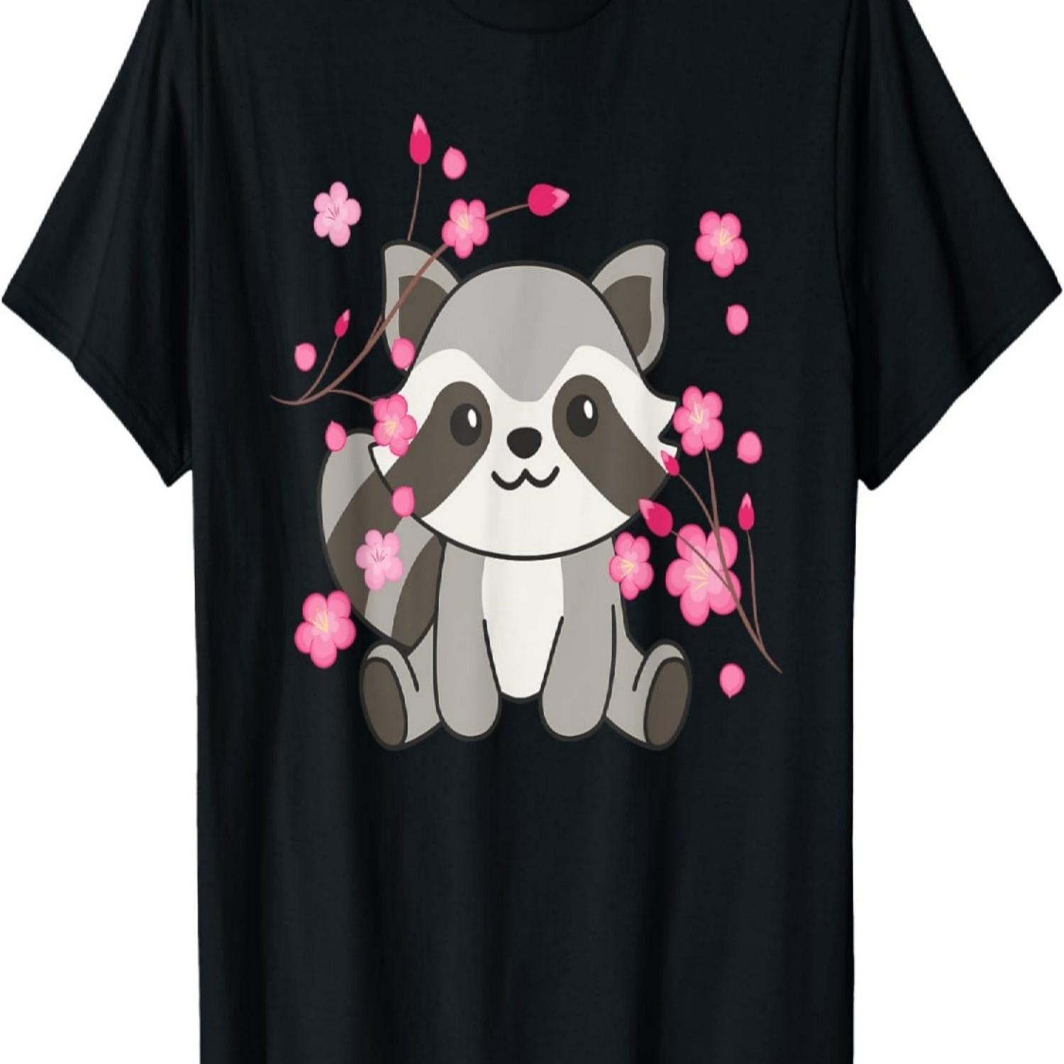 Raccoon Cute Animals For Kids Kawaii Cherry Blossoms T-Shirt S