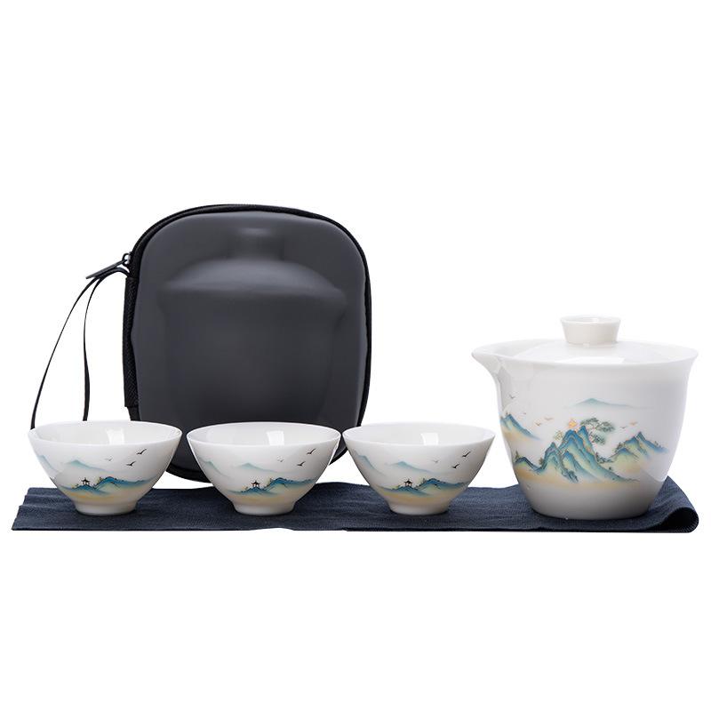 Suet jade porcelain high-end travel tea set, a pot of three cups, portable set, light luxury business commemorative holiday gifts