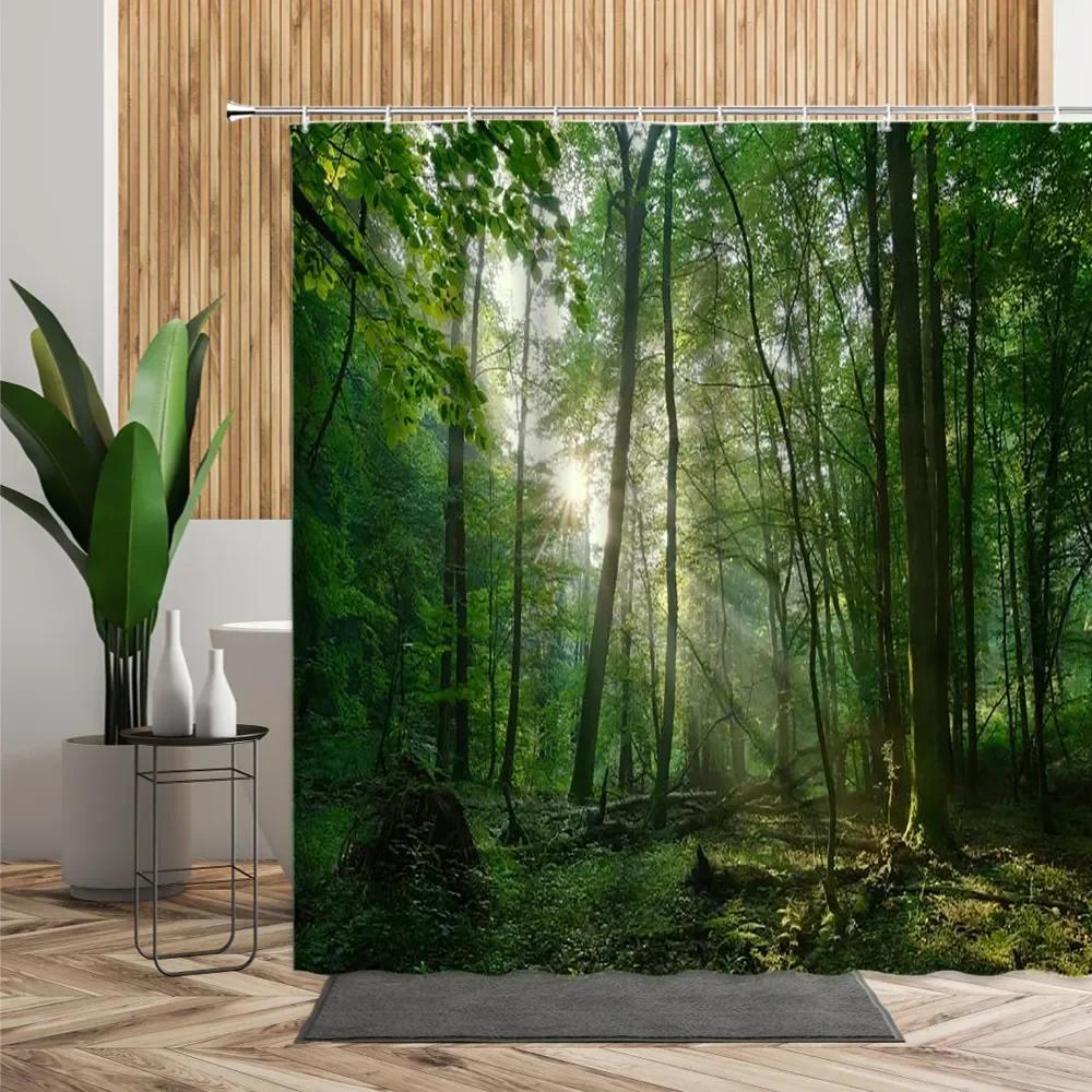 unframed Tropical Forest Shower Curtain, Nature Scenery Green Tundra Forest Waterfall River Animal Bridge, Bathroom Decorative