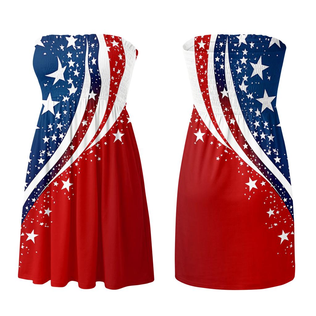 Women’s Strapless Sundress with Flag Print Casual Summer 4th of July Dresses Independence Day Dress Sleeveless Above Knee Length