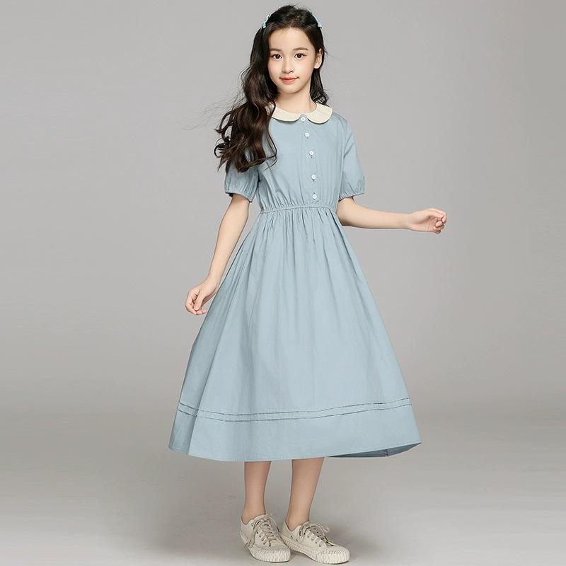 Summer Kids Student Waisted Party Dresses Child Clothes Teens Girls Daily Wear Button 4-12 Year