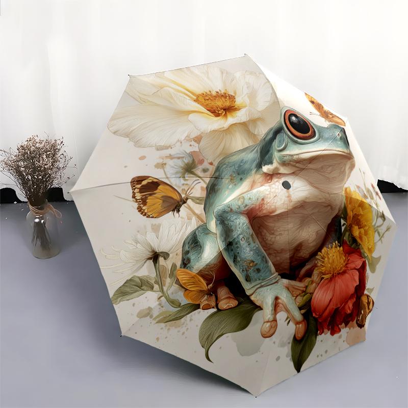 Frog and Flowers pattern, automatic folding umbrella, portable and foldable design, 8 ribs, a Christmas or birthday gift.