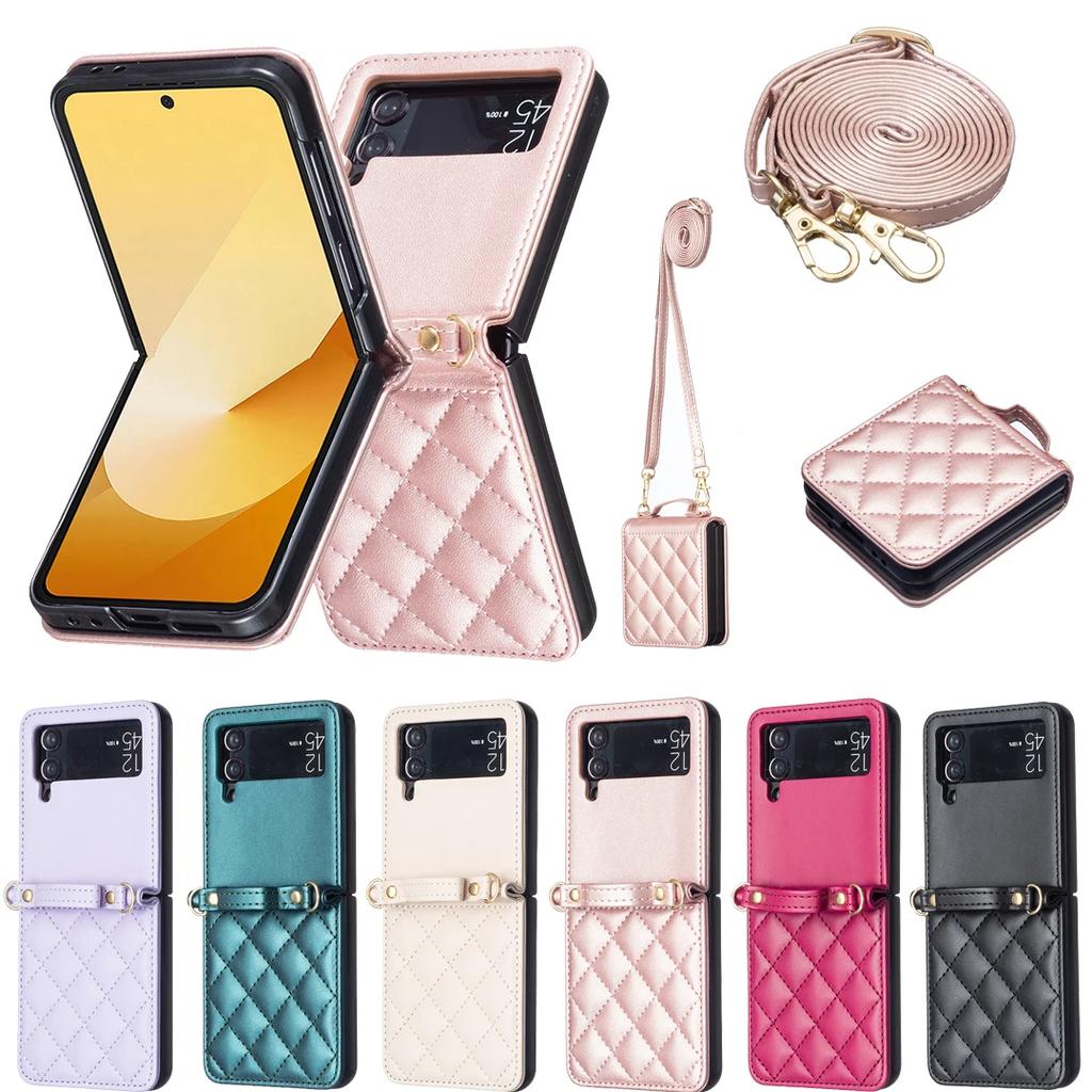Luxury Diamond Lanyard Leather Case For Samsung Galaxy Z Flip 7 FE 6 5 4 3 5G Flip6 Flip5 Shoulder Strap Crossbody Folding Cover