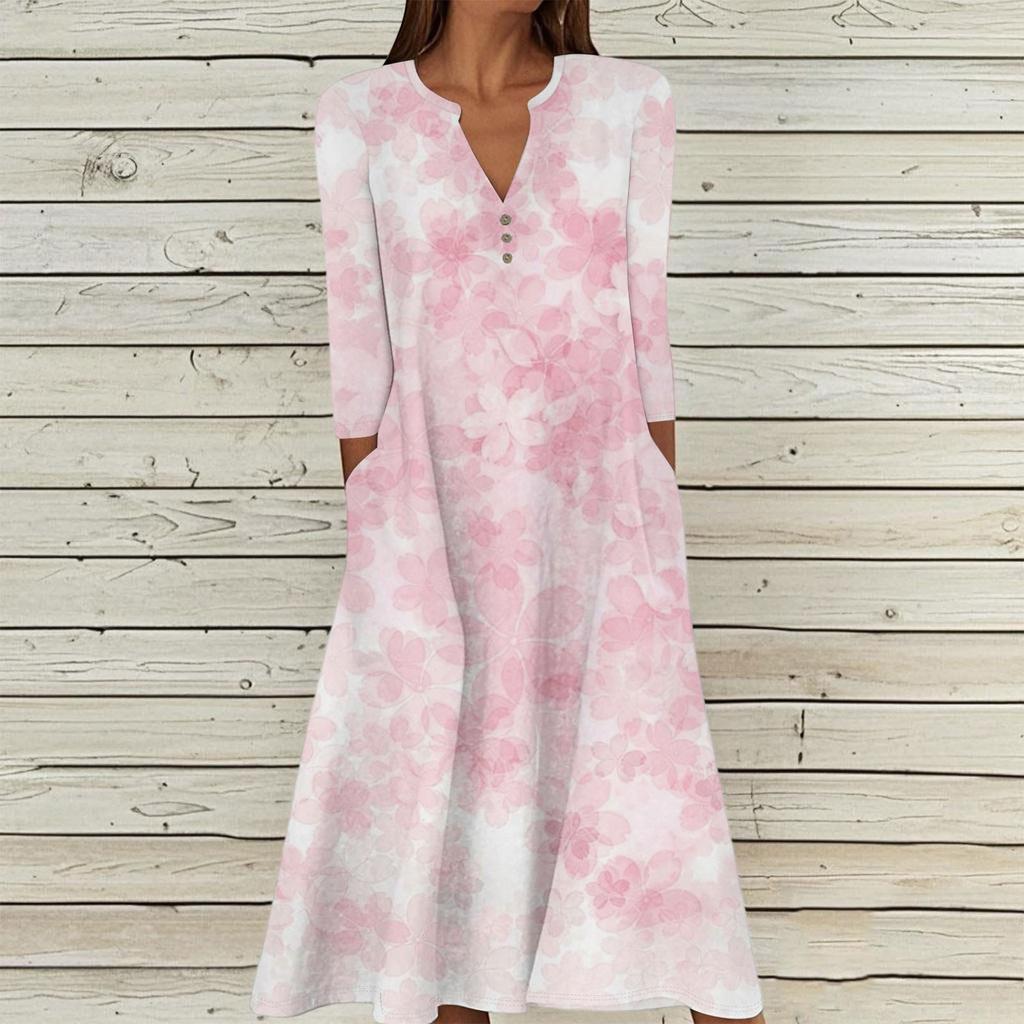 Women's Summer Casual V-Neck Button Vintage Floral Print Three-quarter Sleeve Long Dress With Pockets