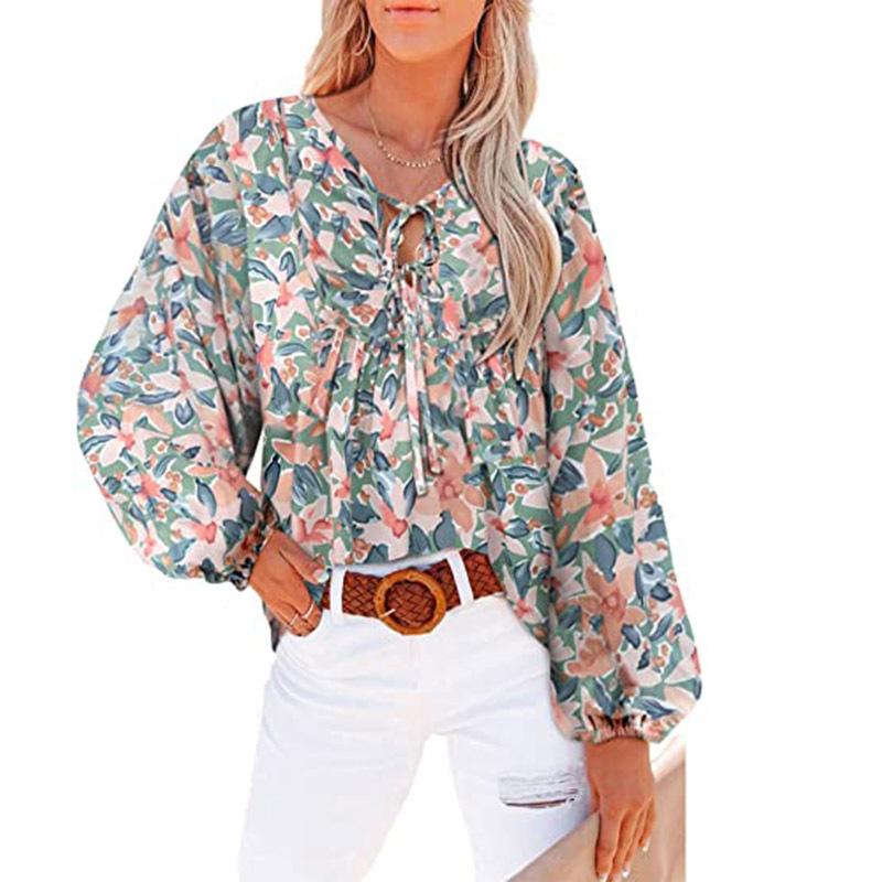 

2024 Европейская и Американская Новая Цветочная Рубашка С Оборками На Талии С V-образным Вырезом Повседневный Топ С Длинными Рукавами Для Женщин XXL зелёный