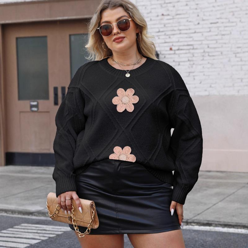 Women's Rhombus Jacquard Wool Flower Embroidery Beading Loose Casual Pullover Sweater