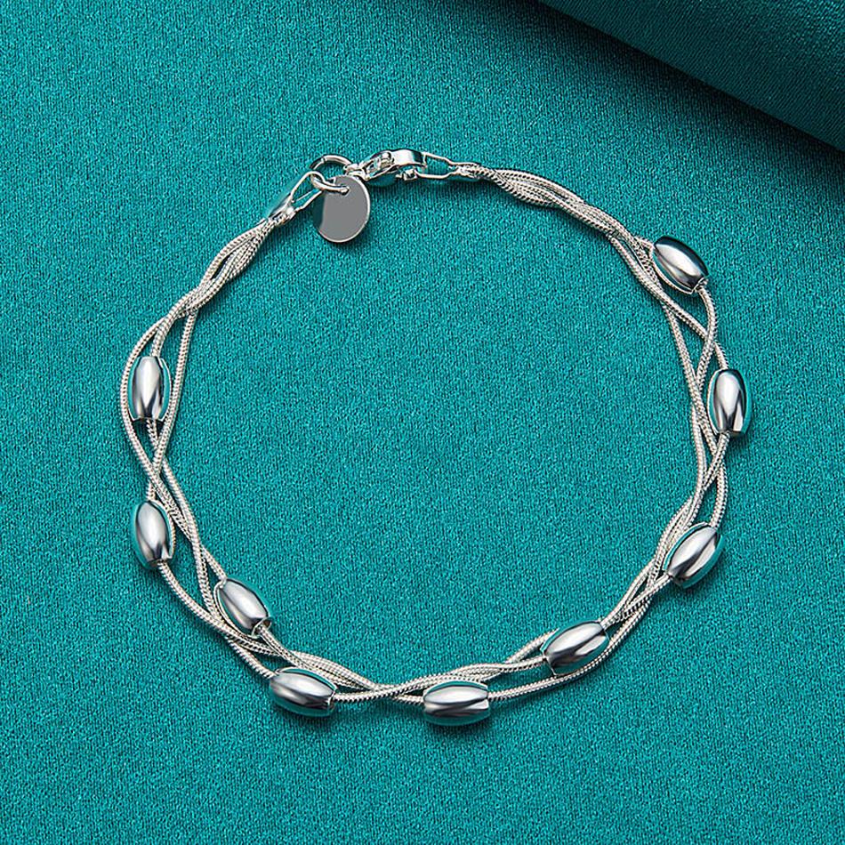 925 Sterling Silver Three Snake Chain Beads Bracelet For Women Wedding Party Fashion Jewelry
