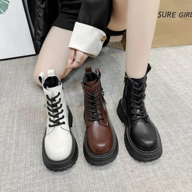 2024 Autumn and Winter Fashion Short Boots Thick-soled Non-slip Solid Color Lace-Up Women's Shoes New Trendy Outdoor Shoes