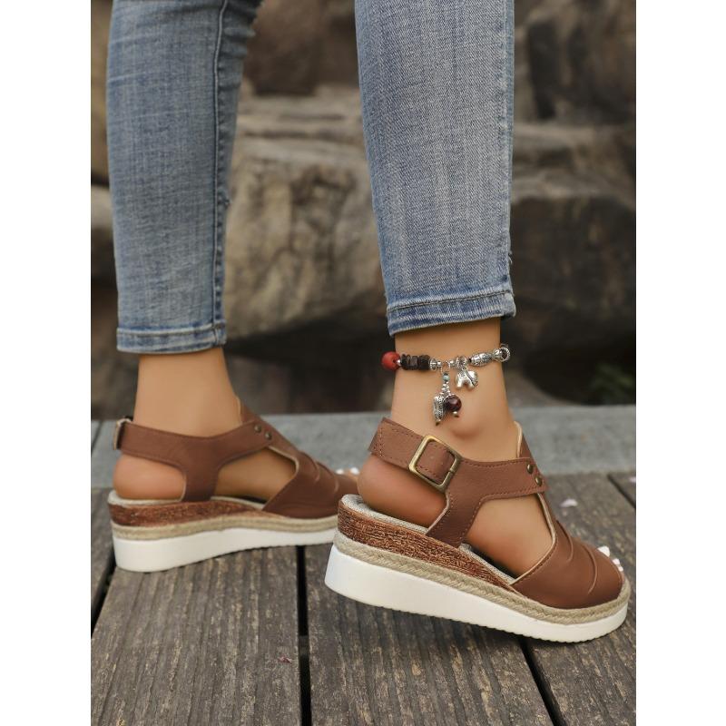 Plus Size Women's Sandals 2025 Summer New Flat Wedge Heel Fish Mouth Casual Buckle Wear Women's Sandals Outside
